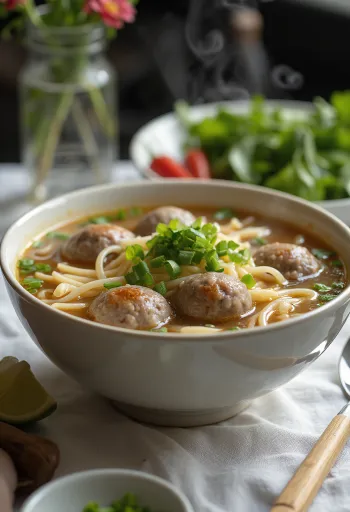 Pho mit Fleischbällchen in einer Schale serviert, mit Reisnudeln, frischem Koriander und Limettenscheiben