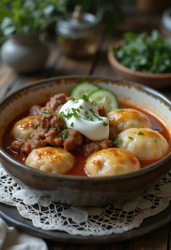 Rindergulasch mit Schafskäse-Nockerln und Gurkensalat