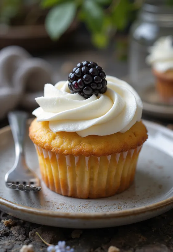 Servierte Brombeer-Cupcakes