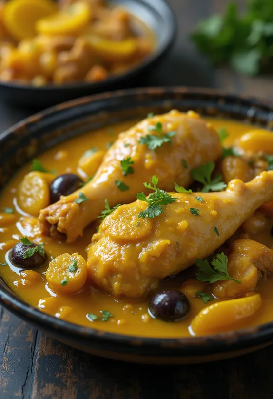 Hähnchen-Tajine mit Salzzitronen serviert in einer traditionellen Tajine