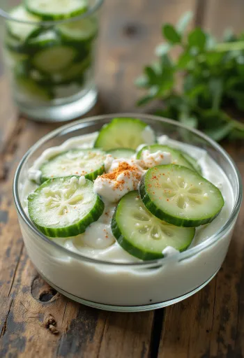 Frischer Gurkensalat mit Schmand, Knoblauch und Paprikapulver in einer weißen Schale.