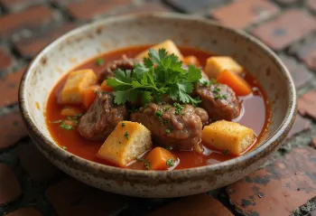 Thareed mit Räucherfleisch, serviert mit frischem Koriander und Brotwürfeln