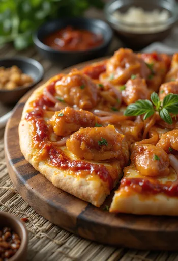 Barbecue Chicken Pizza mit gegrilltem Hähnchen und roten Zwiebeln