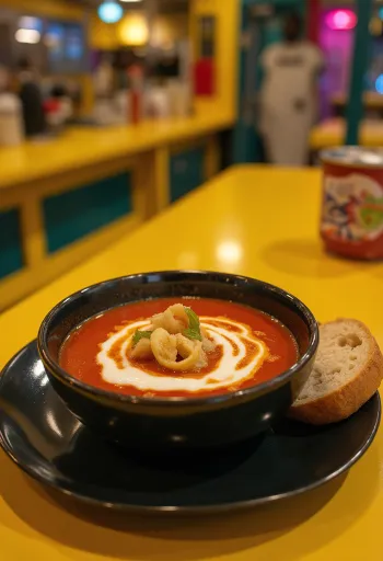 Servierte cremige Basilikum-Tomatensuppe