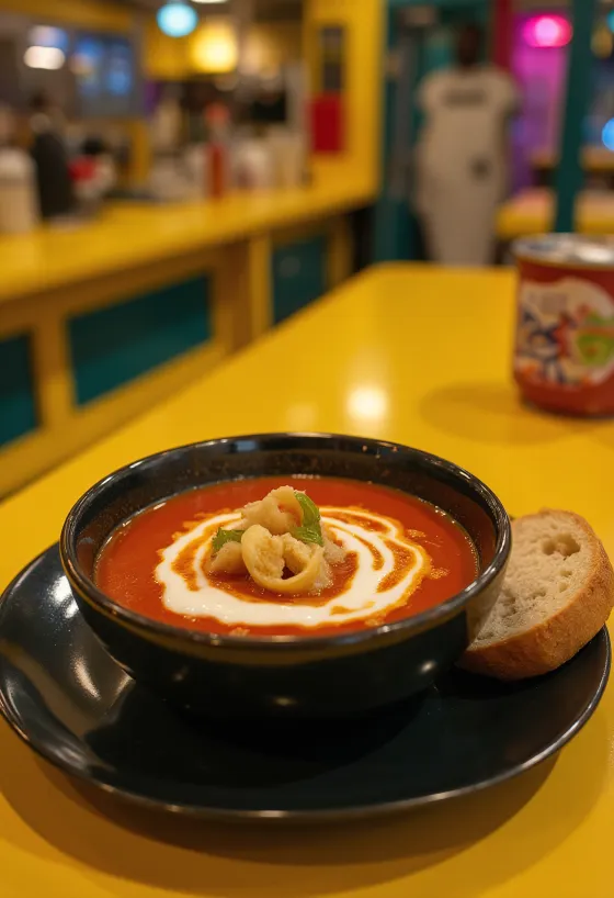 Servierte cremige Basilikum-Tomatensuppe