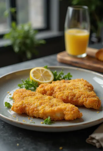 Knuspriges Wiener Schnitzel serviert mit Zitrone und Petersilienkartoffeln