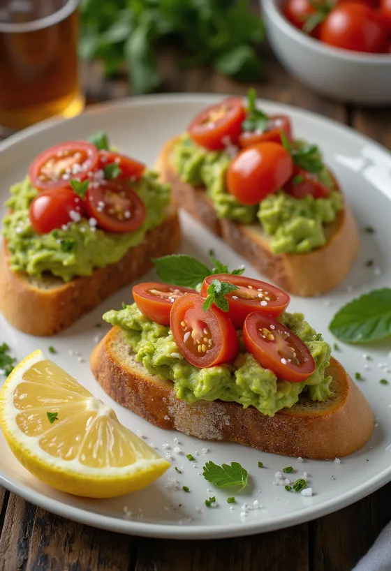 Bruschetta mit Avocado und Tomate auf gerösteten Baguettescheiben
