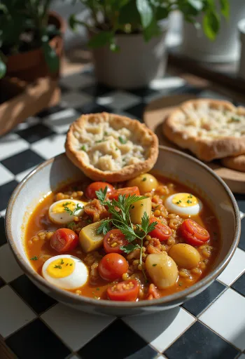 Caponata mit Artischocken und Erbsen, serviert mit frischem Gemüse