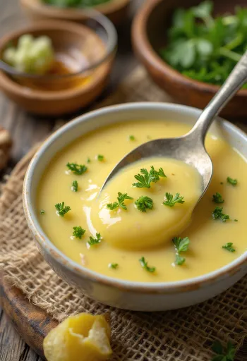 Honig-Senf-Dill-Soße in einer Schale, serviert mit frischem Dill und Zitrone.