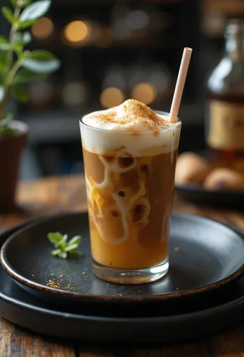 Honig-Rum-Frappé, cremiges Kaffeegetränk mit Sahne und Zimt