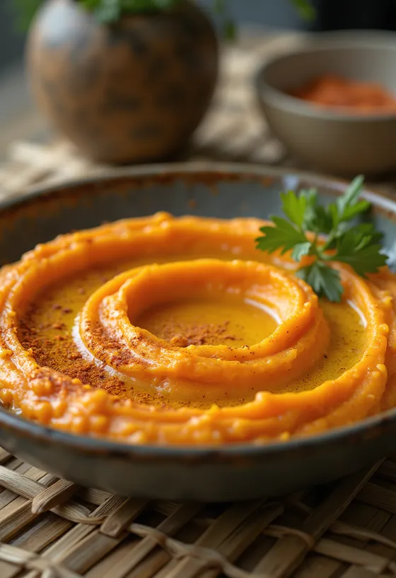 Pikanter Möhren-Hummus serviert