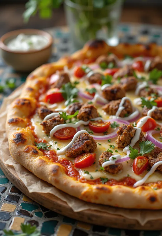 Pizza mit Kebab-Fleisch und Joghurt