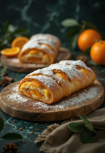 Nelken-Orangen-Stollen in Scheiben, mit Puderzucker bestreut