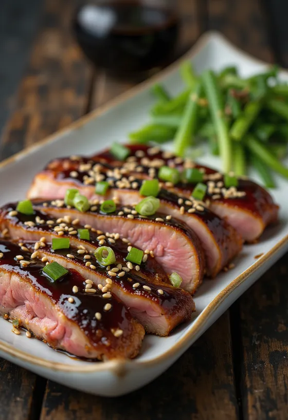 Teriyaki-Ente, japanische Entenbrust mit Soße und Sesam