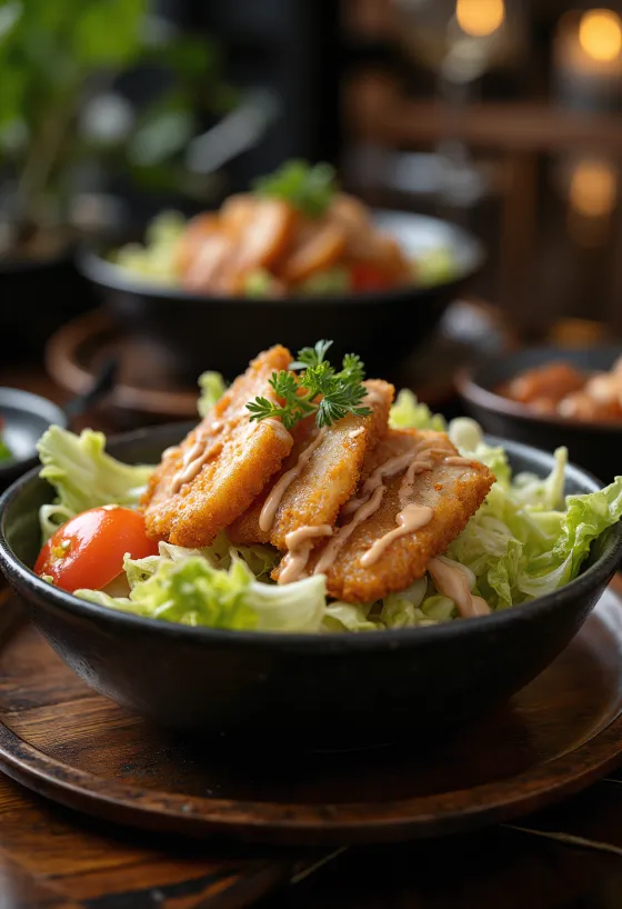 Tonkatsu-Salat mit frischem Koriander, Sesam und Tonkatsu-Scheiben
