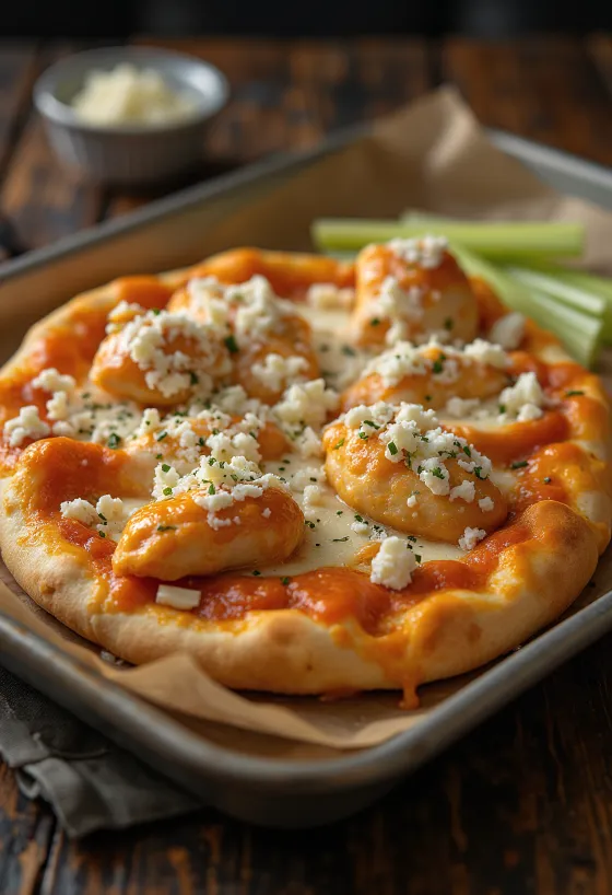 Buffalo Chicken Pizza mit scharfem Hähnchen und Blauschimmelkäse