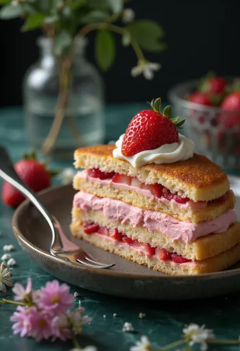 Torte mit Erdbeercreme-Füllung verziert mit frischen Erdbeeren