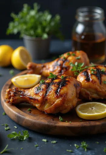 Goldbraun gegrillte Hähnchenschenkel mit knuspriger Haut und Kräutern