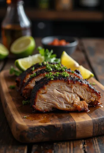 Jerk Pork serviert mit Reis und Erbsen