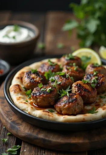 Lamm-Kofta, serviert mit frischem Pitabrot und Joghurt