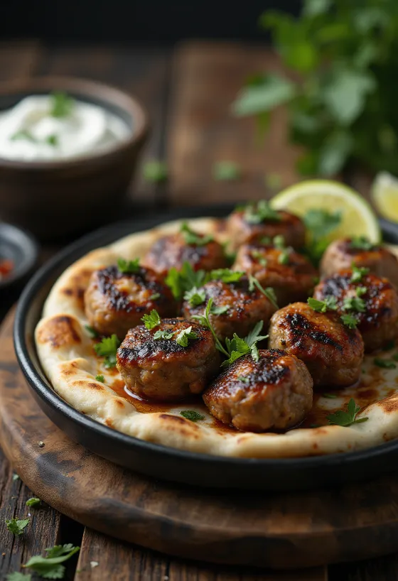 Lamm-Kofta, serviert mit frischem Pitabrot und Joghurt