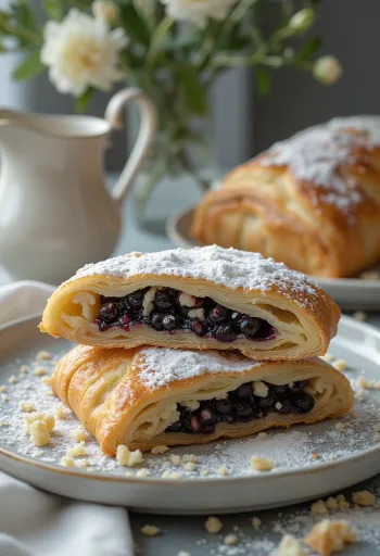 Frisch gebackener Mohnstrudel mit knusprigem Teig, in Scheiben geschnitten und mit Puderzucker bestreut.