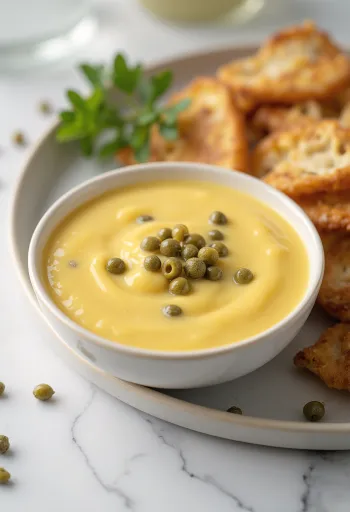 Honig-Senf-Kapern-Dip in einer Schale, dekoriert mit Kapern und frischer Petersilie.