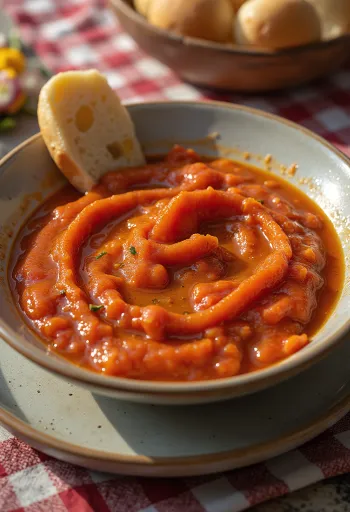 Süße Mojo Rojo Sauce in einer Schale, umgeben von gebratenen Paprikastücken