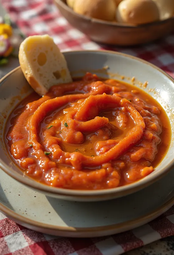 Süße Mojo Rojo Sauce in einer Schale, umgeben von gebratenen Paprikastücken
