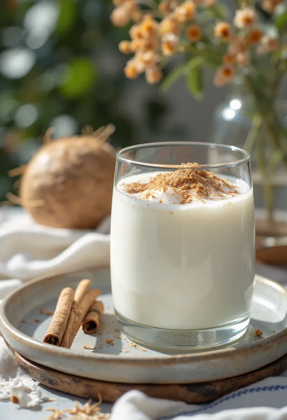Kokos-Zimt-Kefir im Glas, helles cremiges Getränk mit Kokosraspeln und Zimt bestreut
