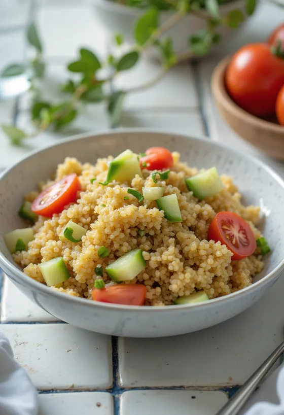 Quinoa-Salat mit Tahini-Dressing serviert
