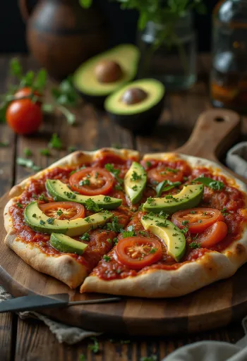 Vegane Pizza mit Avocado und frischem Gemüse
