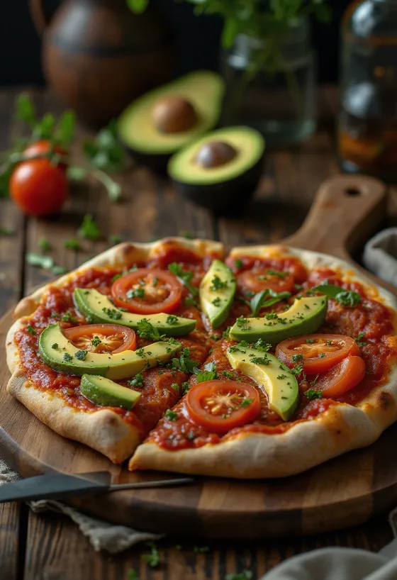 Vegane Pizza mit Avocado und frischem Gemüse
