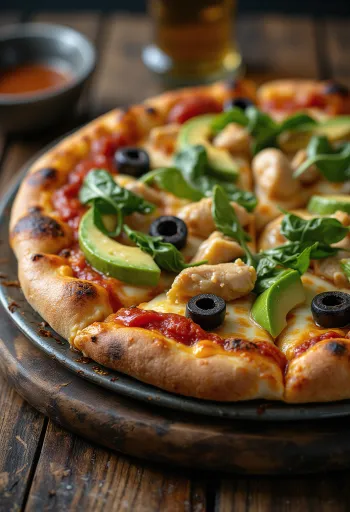 California Pizza mit frischer Avocado, Hähnchenbrust und Spinat