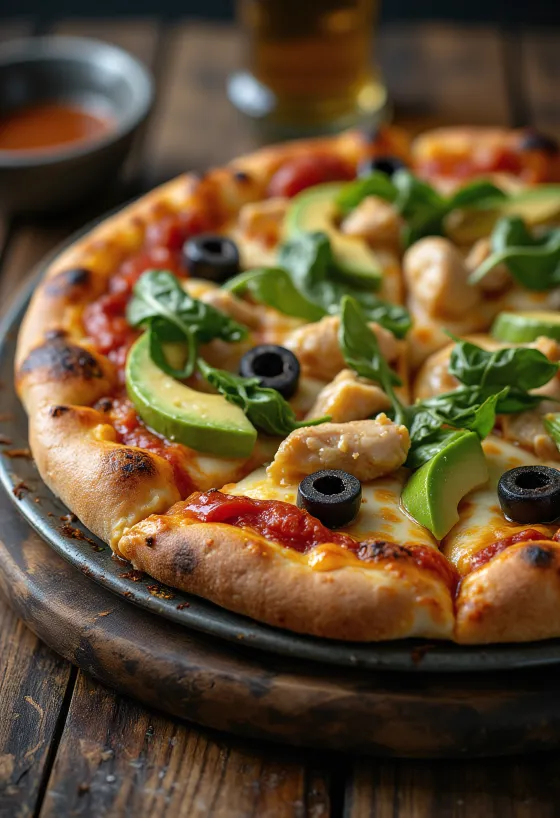 California Pizza mit frischer Avocado, Hähnchenbrust und Spinat