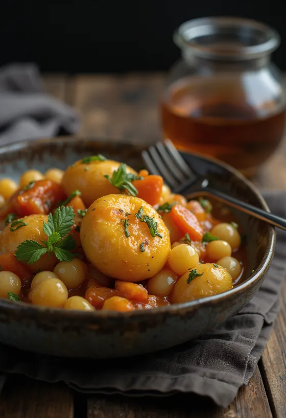 Glutenfreie Caponata serviert mit Aubergine, Tomaten und Oliven