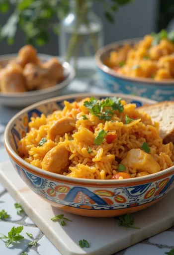 Jollof Reis mit Hähnchen serviert