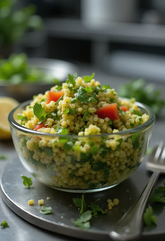 Quinoa-Tabouleh mit frischen Kräutern serviert