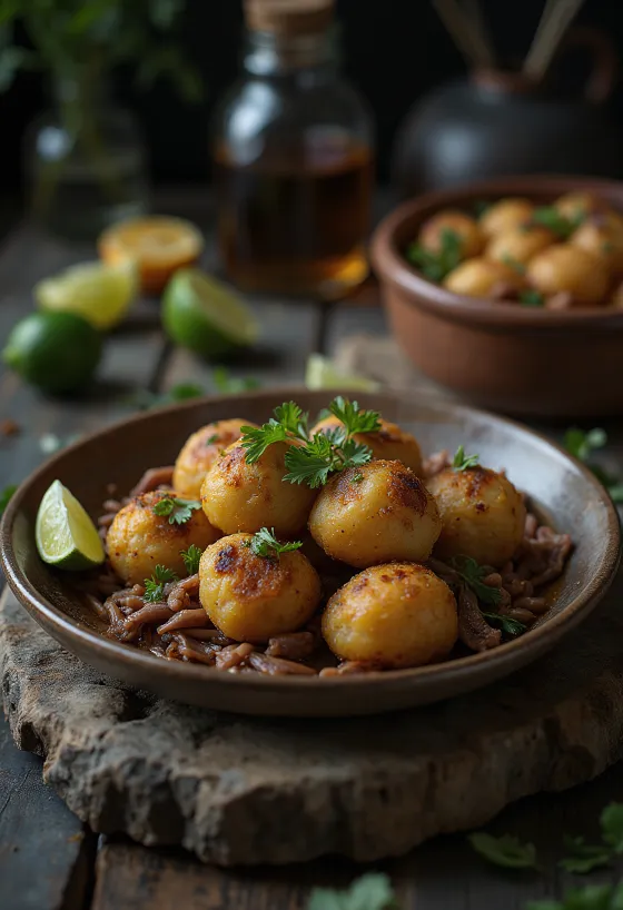 Acarajé mit Trockenfleisch in goldbraun gebackenem Teig