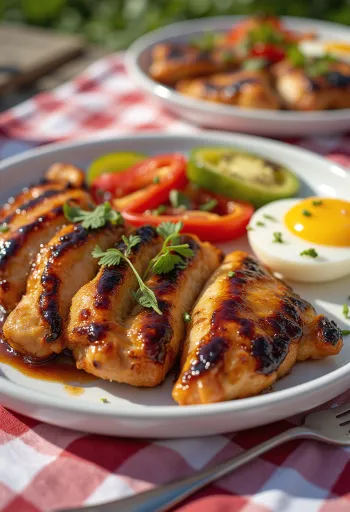 BBQ-Hähnchenbrust mit gegrilltem Gemüse serviert