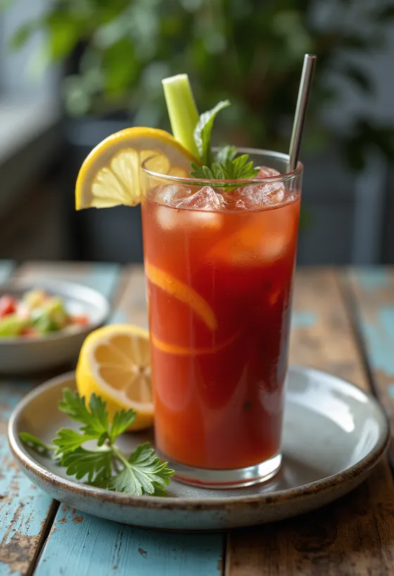 Bloody Mary Cocktail dekoriert mit Selleriestange und Zitronenscheibe