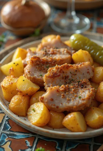 Frischer Brassóer Kleinbraten mit Kartoffelwürfeln und Gewürzen.