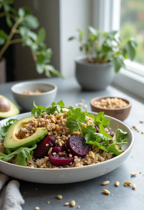 Buddha Bowl mit Rote Bete, Quinoa und gerösteten Kernen