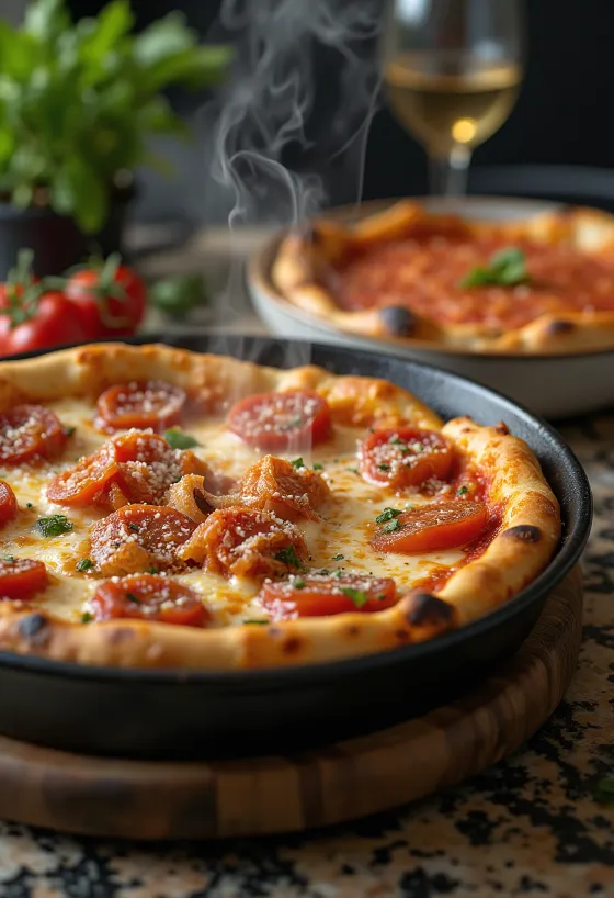Chicago Deep-Dish Pizza mit viel Käse und Tomatensoße