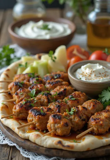 Kafta serviert mit frischem Pita und Salat
