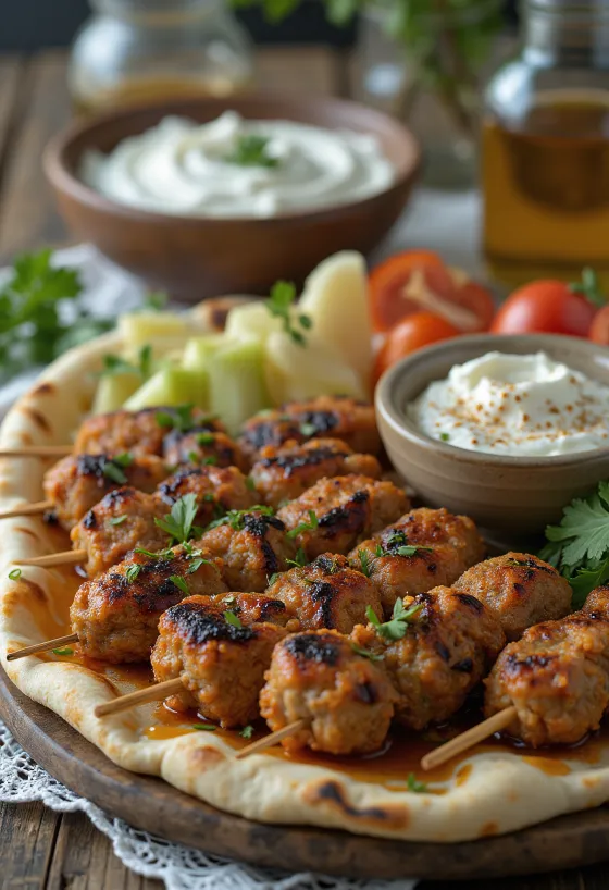 Kafta serviert mit frischem Pita und Salat
