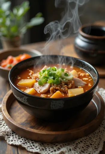 Gamjatang mit Kimchi angereichert, koreanische scharfe Suppe