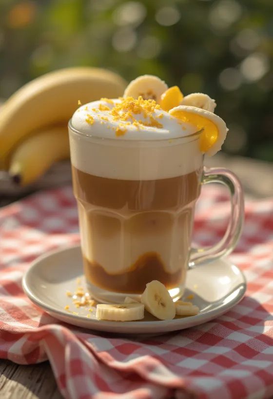 Orangen-Bananen-Latte, cremiger Kaffee mit Orangenschale
