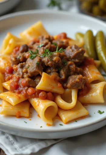 Gulasch mit Nudeln und Gurkensalat
