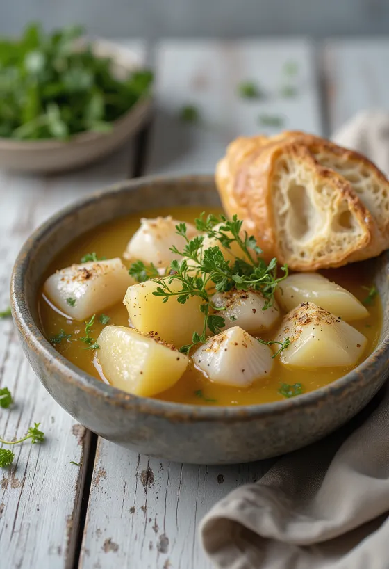 Psarosoupa mit Kartoffeln, reichhaltige Fischsuppe mit Olivenöl und Zitrone
